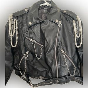 Faux cropped Leather Jacket : Forever 21 Moto Pearls & Chain